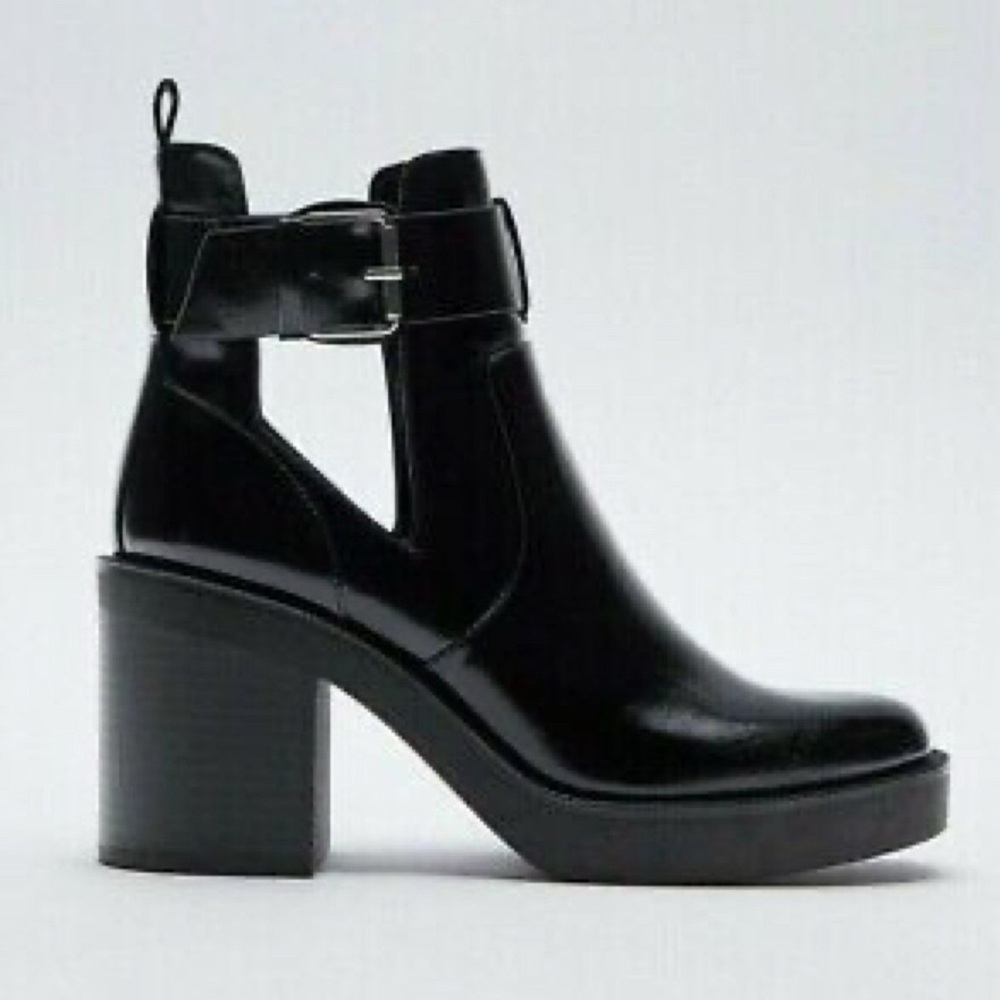 Zara 2021 Block Heel Black Patent Ankle Boots - Women's Size 10